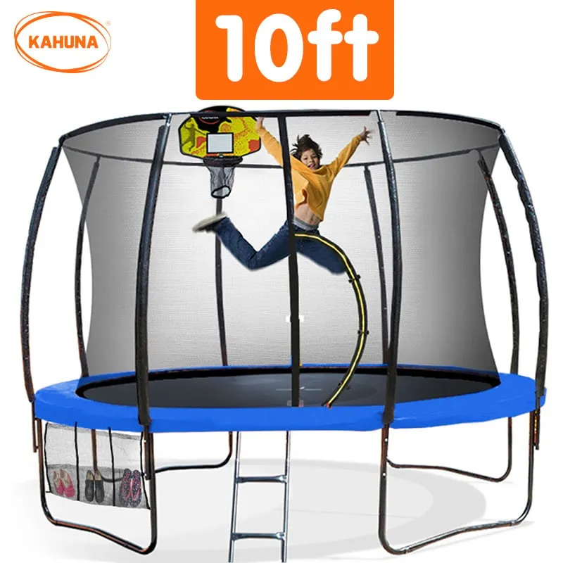 10ft Outdoor Trampoline with Safety Enclosure Pad Ladder Basketball Hoop Set Blue