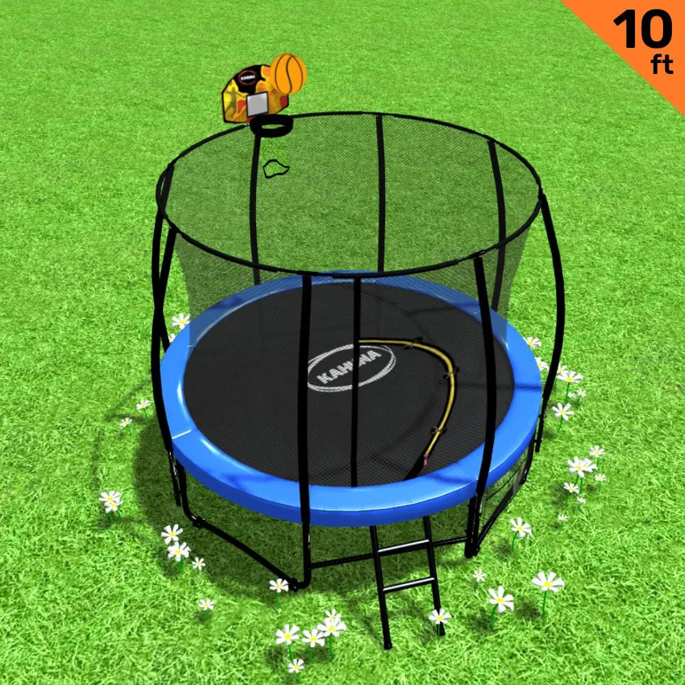 10ft Outdoor Trampoline with Safety Enclosure Pad Ladder Basketball Hoop Set Blue
