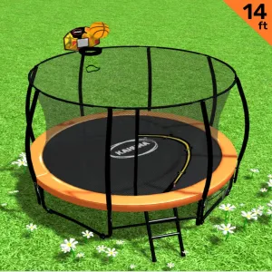 14ft Outdoor Trampoline Set: Safety Enclosure, Pad, Mat, Ladder, Basketball Hoop - Orange
