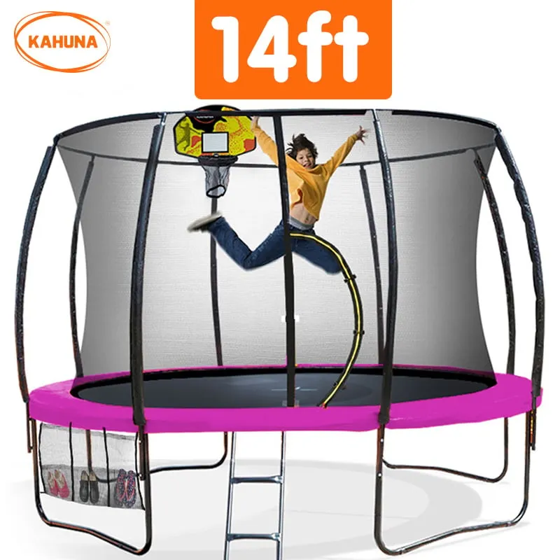 14ft Outdoor Trampoline Set: Safety Enclosure, Pad, Mat, Ladder, Basketball Hoop - Pink