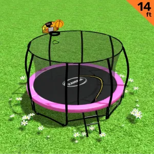 14ft Outdoor Trampoline Set: Safety Enclosure, Pad, Mat, Ladder, Basketball Hoop - Pink