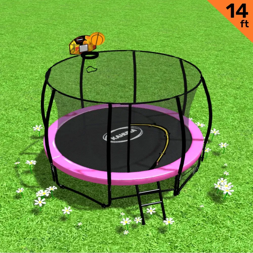 14ft Outdoor Trampoline Set: Safety Enclosure, Pad, Mat, Ladder, Basketball Hoop - Pink