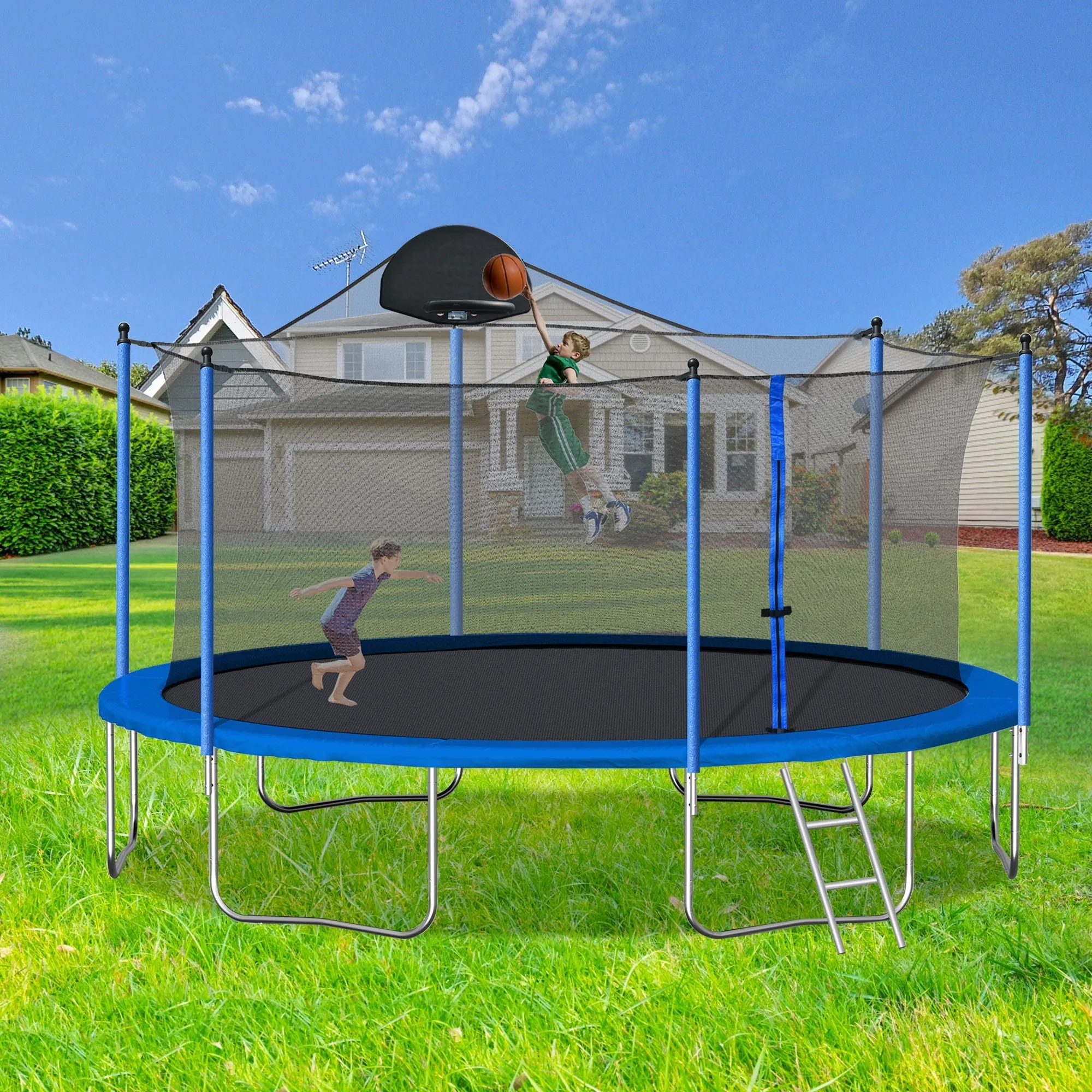 14Ft Trampoline For Adults & Kids With Basketball Hoop, Outdoor Trampolines With Ladder And Safety Enclosure Net For Kids And Adults, Double-Side Color Cover - Blue by Couch.com