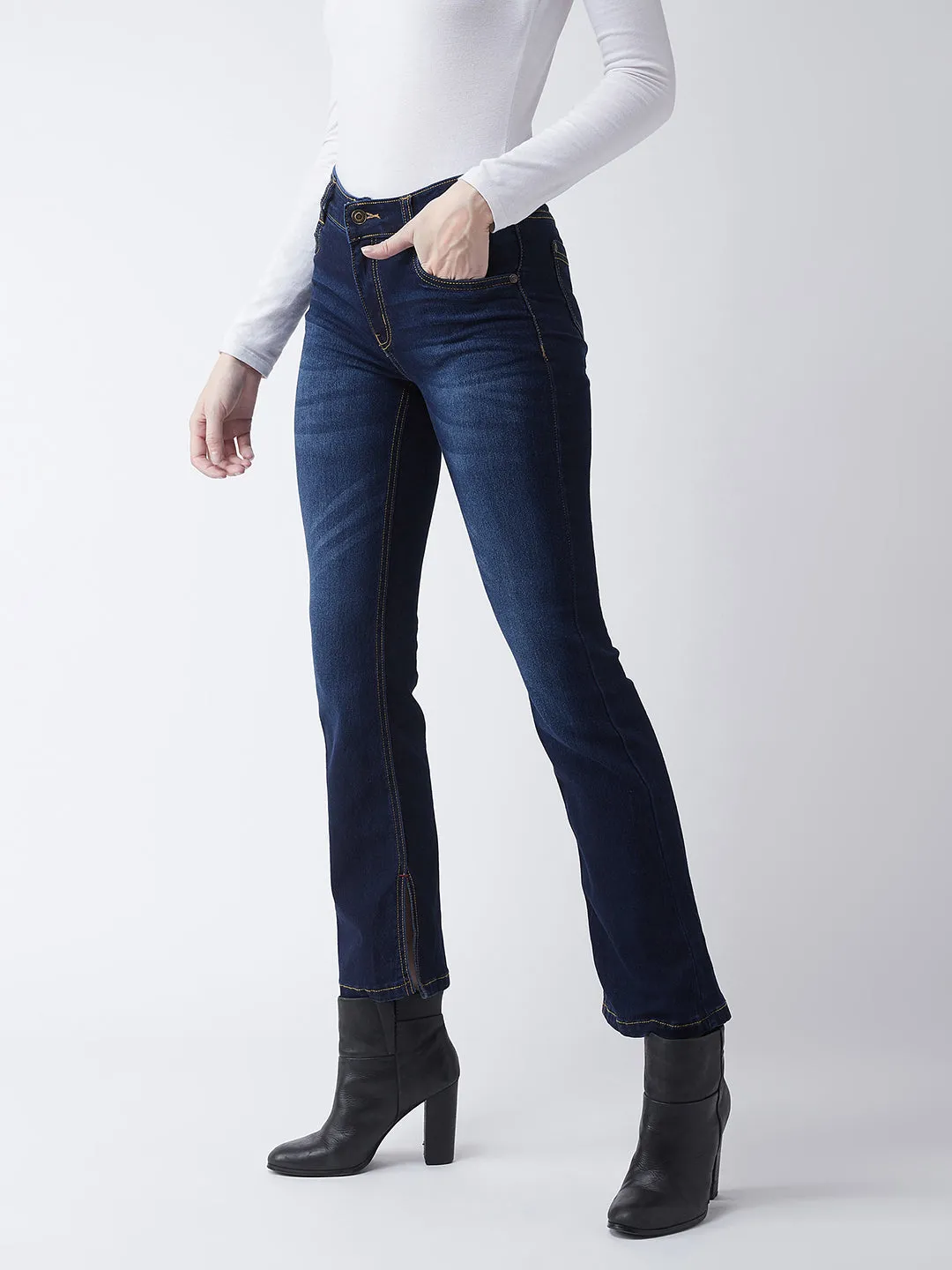 24/7 Comfort Blue Bell-Bottom Mid-Rise Stretchable Denim Jeans