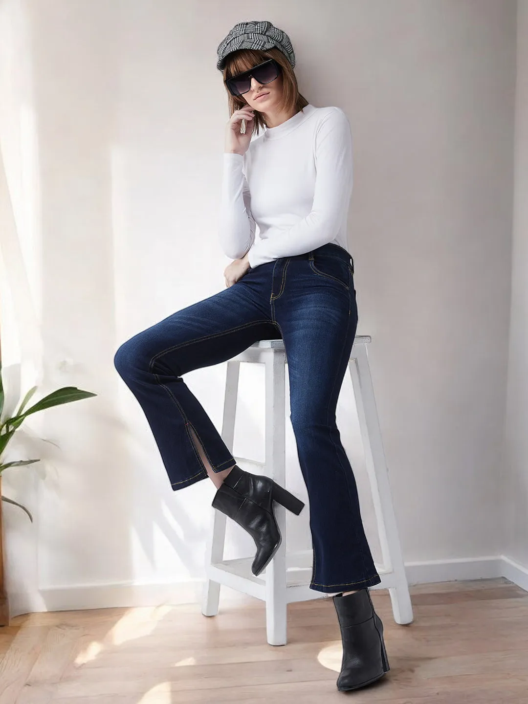 24/7 Comfort Blue Bell-Bottom Mid-Rise Stretchable Denim Jeans