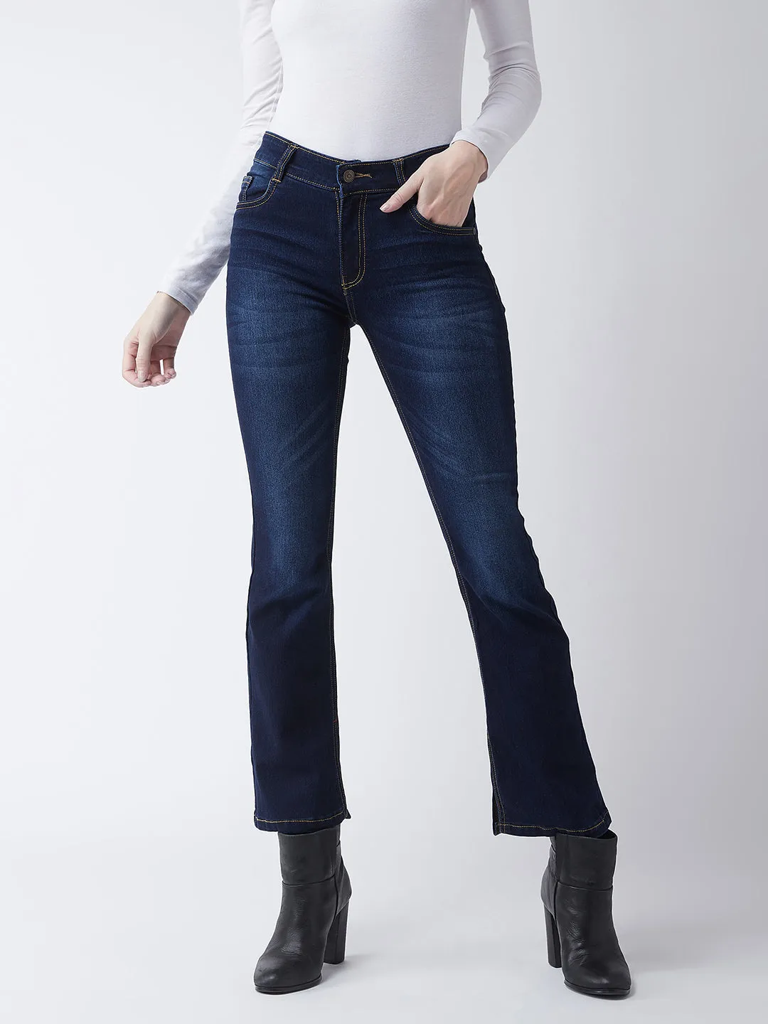 24/7 Comfort Blue Bell-Bottom Mid-Rise Stretchable Denim Jeans