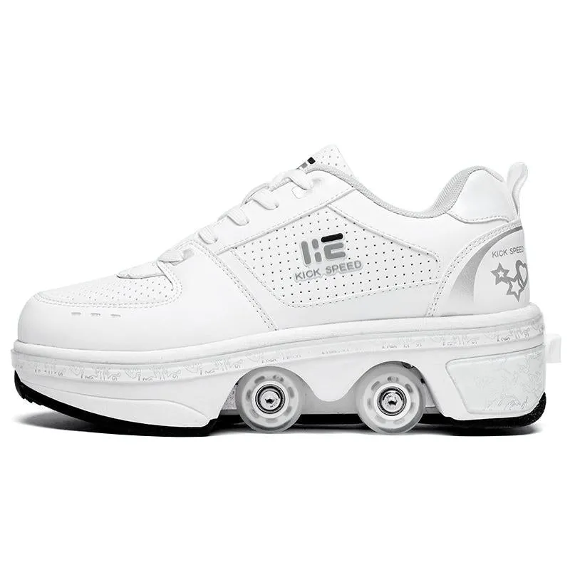 37 Double Row Rune Roller Skates | Dual Purpose | High-Top with Light | White | Stylish Skating