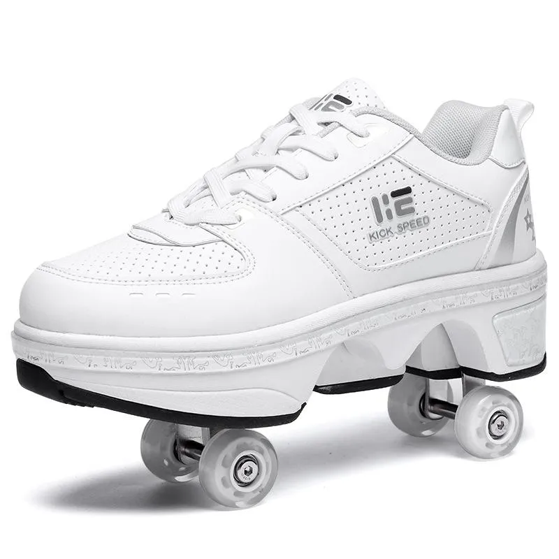 37 Double Row Rune Roller Skates | Dual Purpose | High-Top with Light | White | Stylish Skating