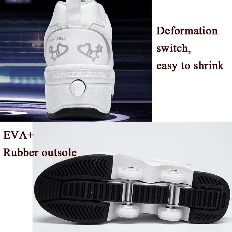 37 Double Row Rune Roller Skates | Dual Purpose | High-Top with Light | White | Stylish Skating