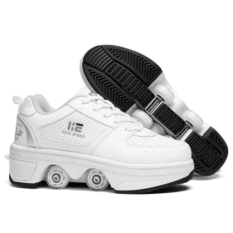 37 Double Row Rune Roller Skates | Dual Purpose | High-Top with Light | White | Stylish Skating
