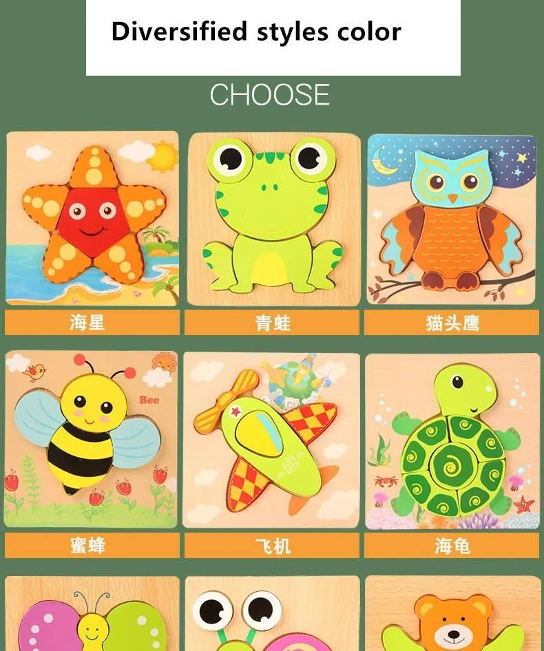 3D Wooden Puzzles Educational Cartoon Animals Early Learning Cognition Intelligence Puzzle Game For Children Toys