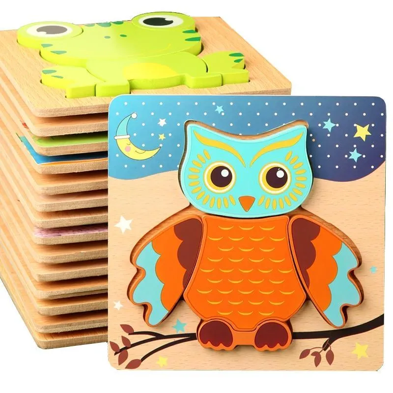 3D Wooden Puzzles Educational Cartoon Animals Early Learning Cognition Intelligence Puzzle Game For Children Toys
