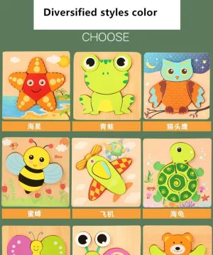 3D Wooden Puzzles Educational Cartoon Animals Early Learning Cognition Intelligence Puzzle Game For Children Toys