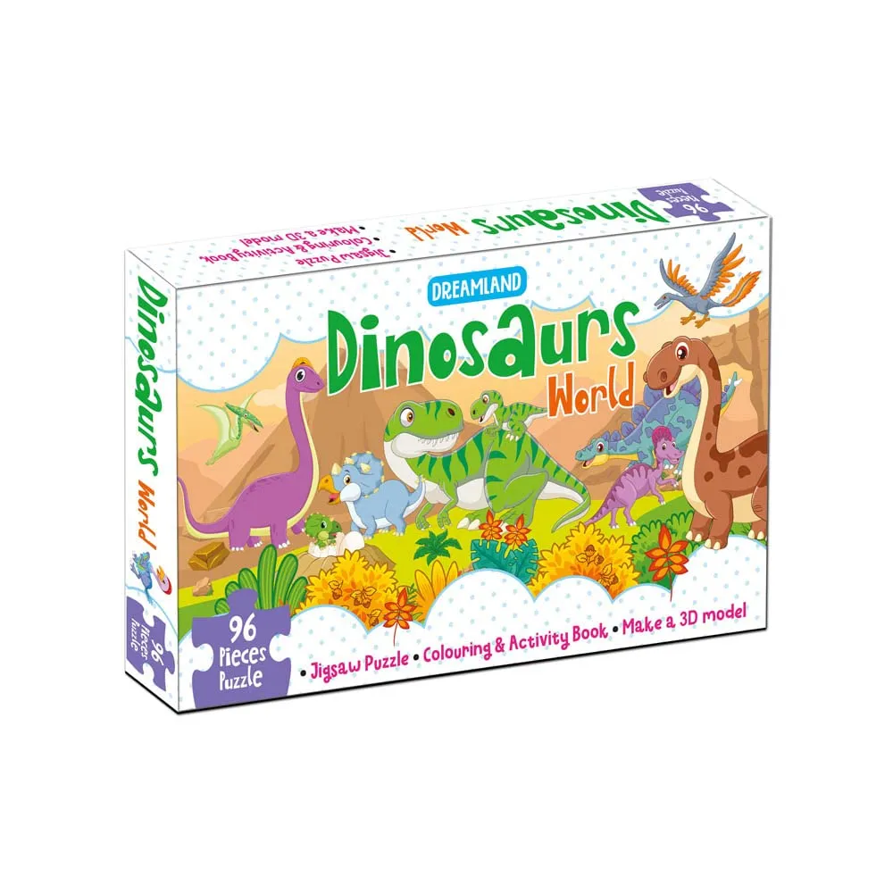 Dreamland Publications Dinosaurs World Jigsaw Puzzle For Kids | With Coloring  And 3D Model