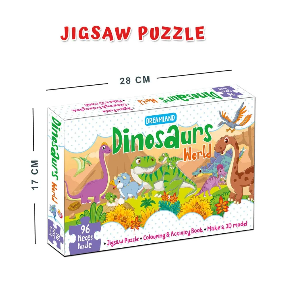 Dreamland Publications Dinosaurs World Jigsaw Puzzle For Kids | With Coloring  And 3D Model
