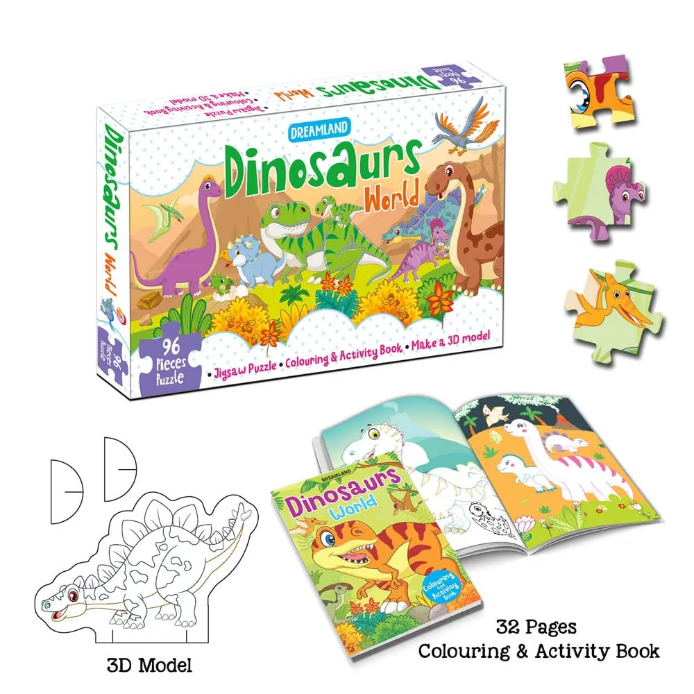 Dreamland Publications Dinosaurs World Jigsaw Puzzle For Kids | With Coloring  And 3D Model