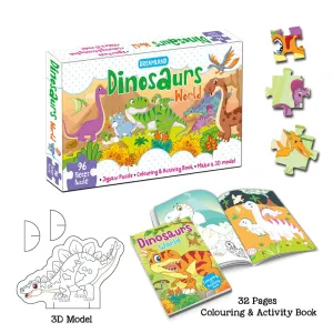 Dreamland Publications Dinosaurs World Jigsaw Puzzle For Kids | With Coloring  And 3D Model