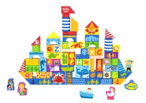 Kids Wooden Marine boat themed stacking building Blocks 80 Pcs - Rec. Age: 24 months  