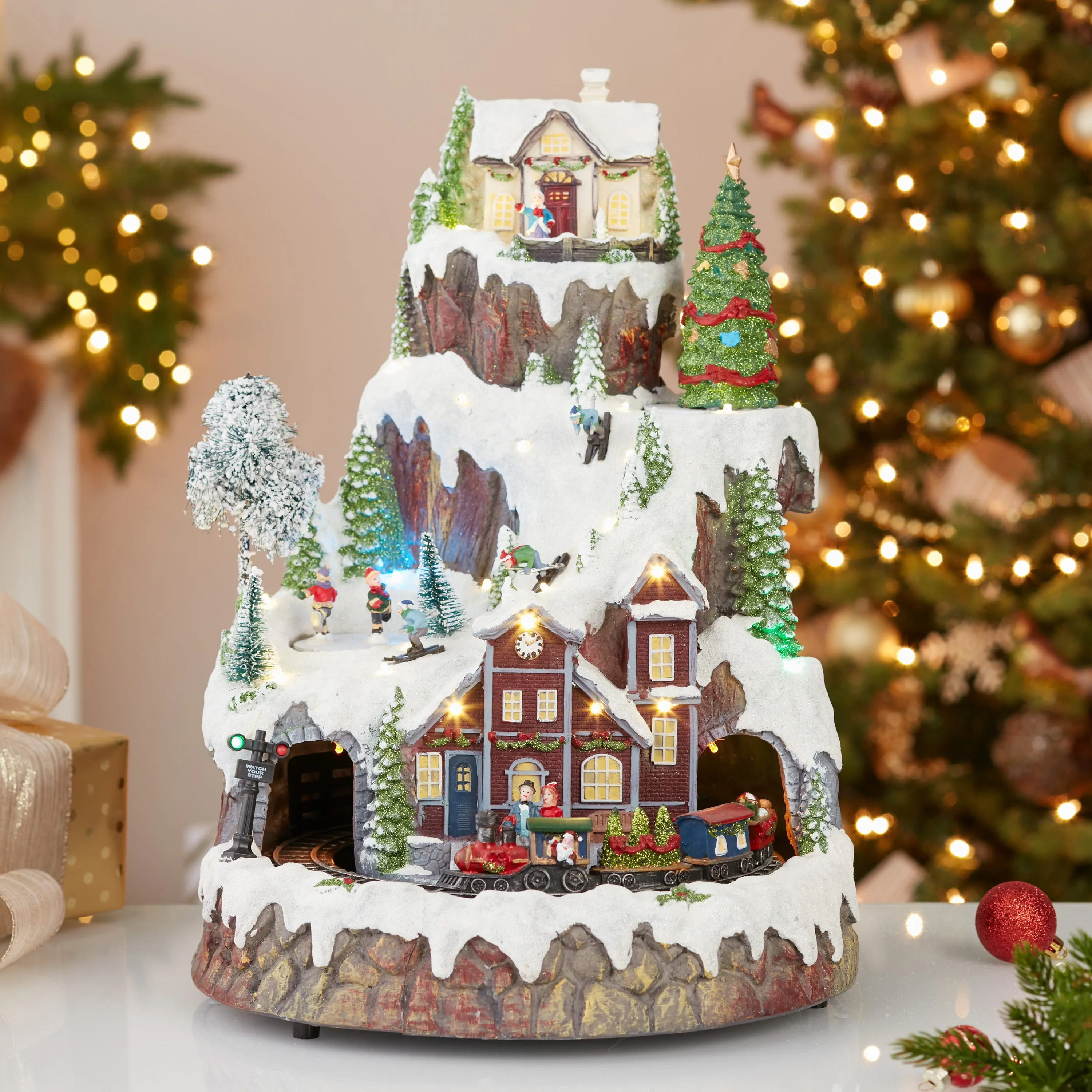 Kurt Adler 17-Inch Musical LED Village on Mountain Table Piece