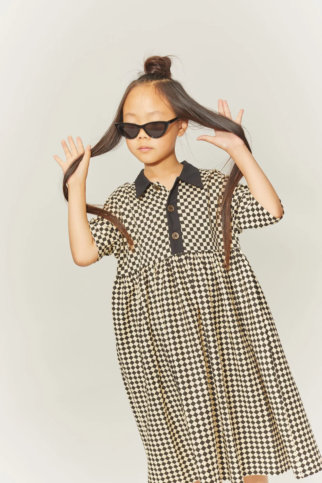LITTLE CREATIVE FACTORY CHESS PRINT BUTTON DOWN DRESS