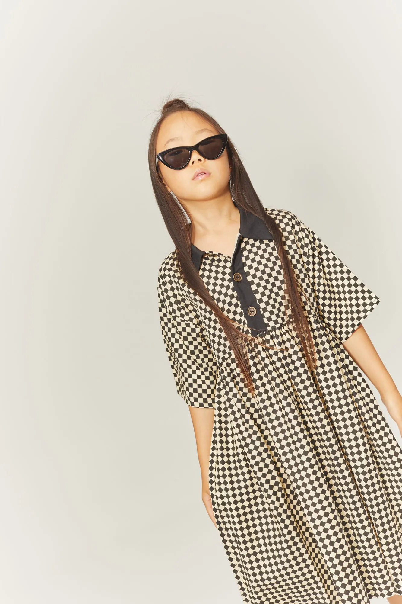 LITTLE CREATIVE FACTORY CHESS PRINT BUTTON DOWN DRESS