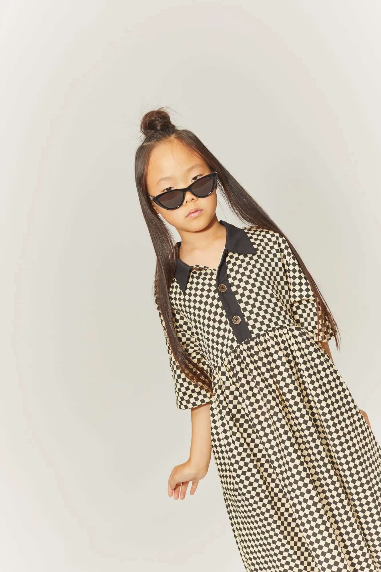 LITTLE CREATIVE FACTORY CHESS PRINT BUTTON DOWN DRESS