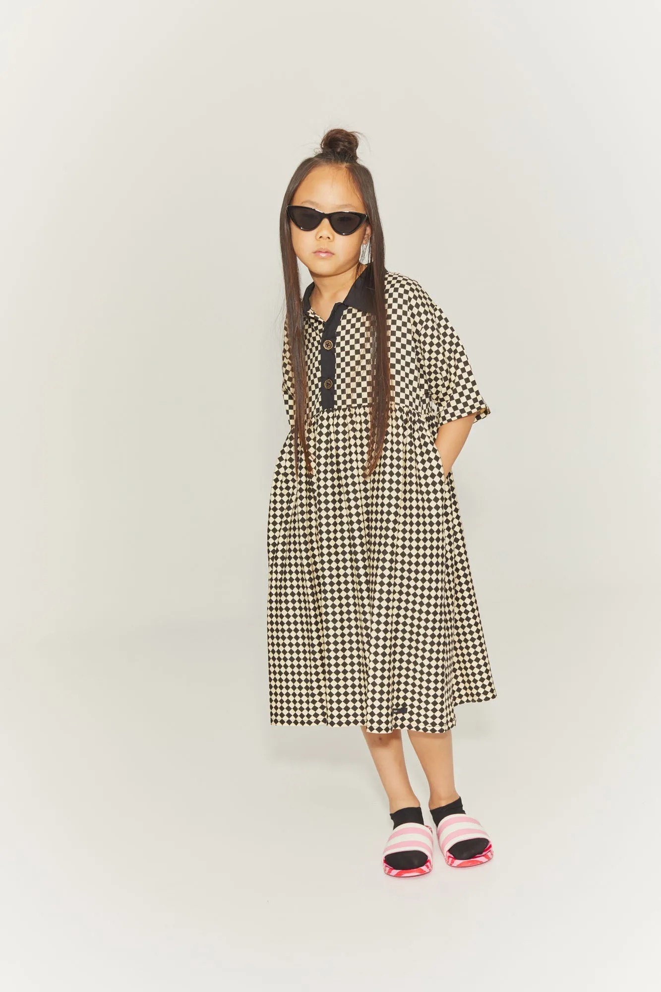 LITTLE CREATIVE FACTORY CHESS PRINT BUTTON DOWN DRESS