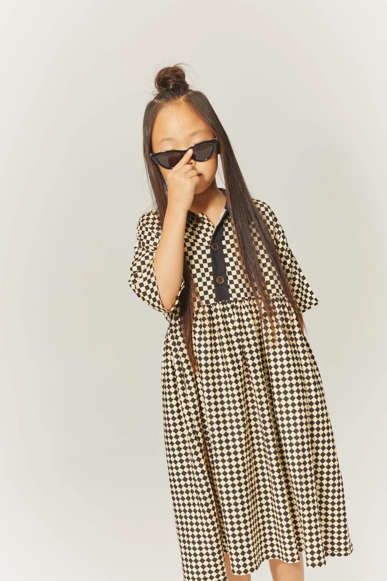 LITTLE CREATIVE FACTORY CHESS PRINT BUTTON DOWN DRESS