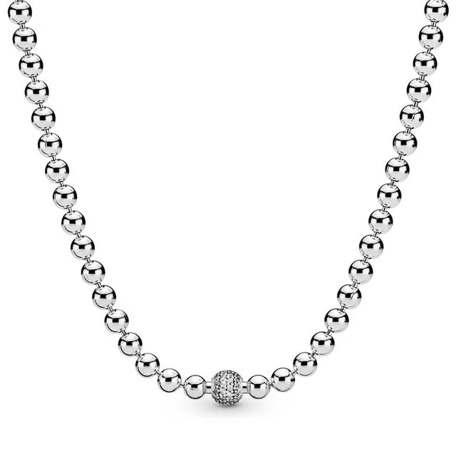 New 925 Sterling Silver Necklace Rose & Silver Beads & Pave Crystal Sliding Necklace For Women Wedding Gift Diy Europe Jewelry