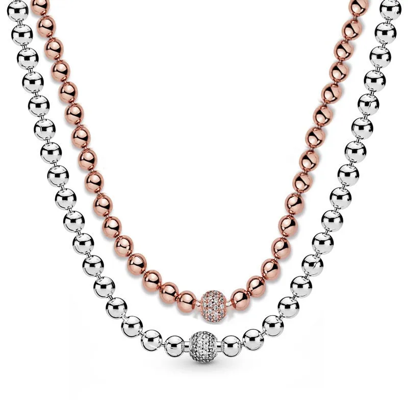 New 925 Sterling Silver Necklace Rose & Silver Beads & Pave Crystal Sliding Necklace For Women Wedding Gift Diy Europe Jewelry